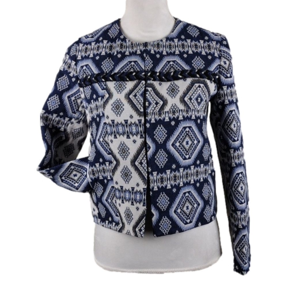 Endless Rose Blue White Aztec Collarless Long Sleeve Hook Eye Front Jack…